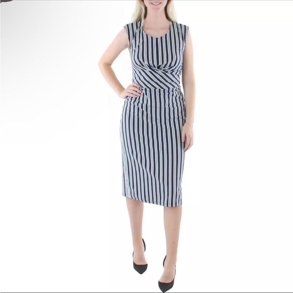 NWT Lauren Ralph Lauren Womens Striped Calf Cap Sleeve Midi Dress